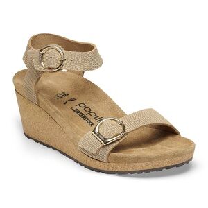 Papillio Birkenstock Beige Soley Leather Embossed Wedge Sandals Size 39 Boho